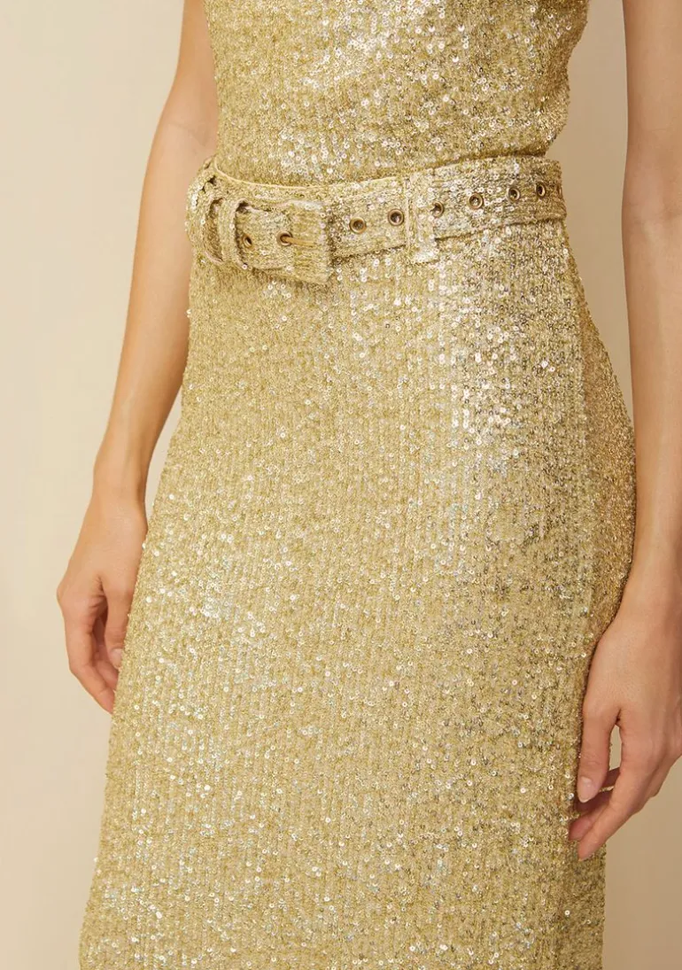 Saia Morena Rosa Midi Reta Com Cinto Dourado