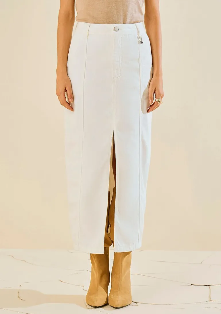 Saia Morena Rosa Reta Alta Midi Off White