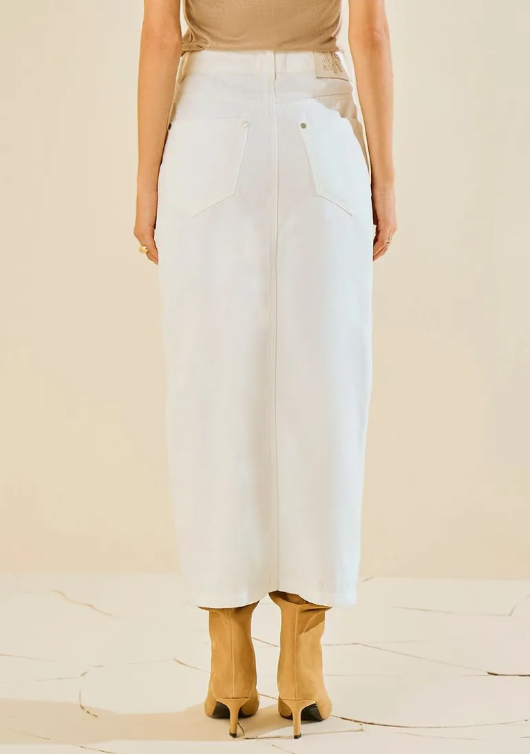 Saia Morena Rosa Reta Alta Midi Off White
