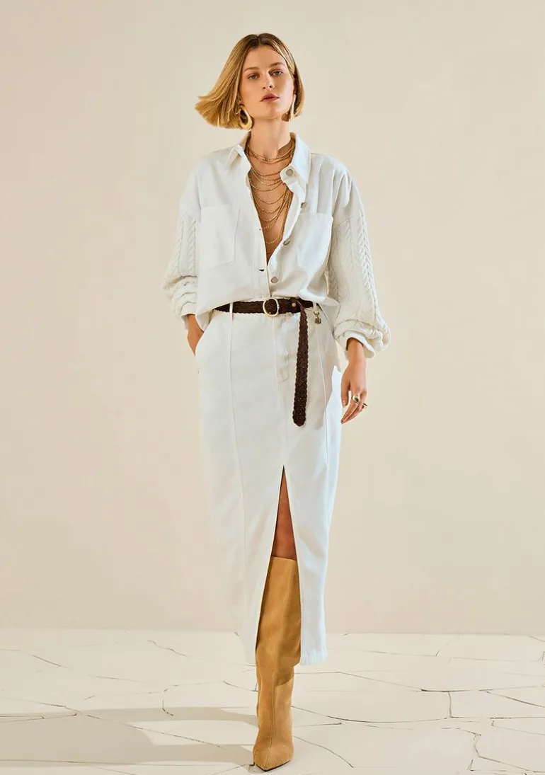 Saia Morena Rosa Reta Alta Midi Off White