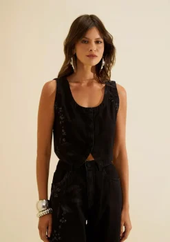 Top Jeans Colete Safra Preto