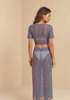 Top Morena Rosa Decote Careca Manga Curta Azul