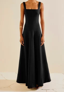 Vestido Ajustado Decote Reto Com Alca Longo Preto