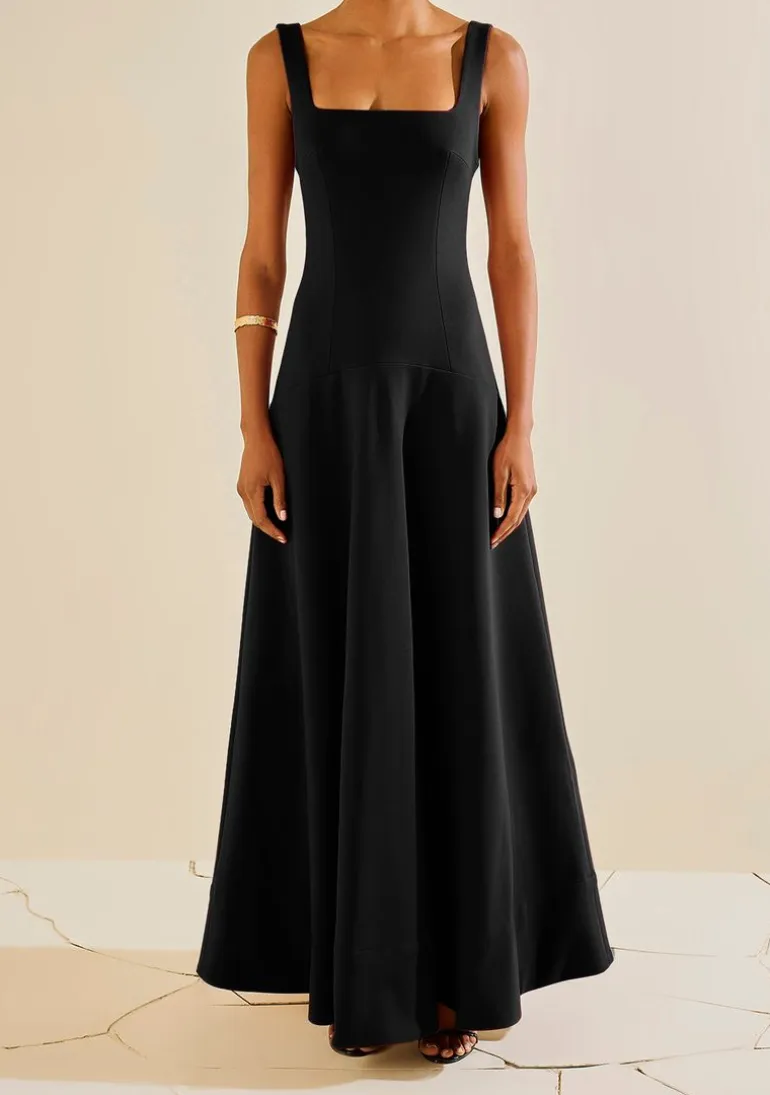 Vestido Ajustado Decote Reto Com Alca Longo Preto