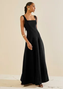 Vestido Ajustado Decote Reto Com Alca Longo Preto