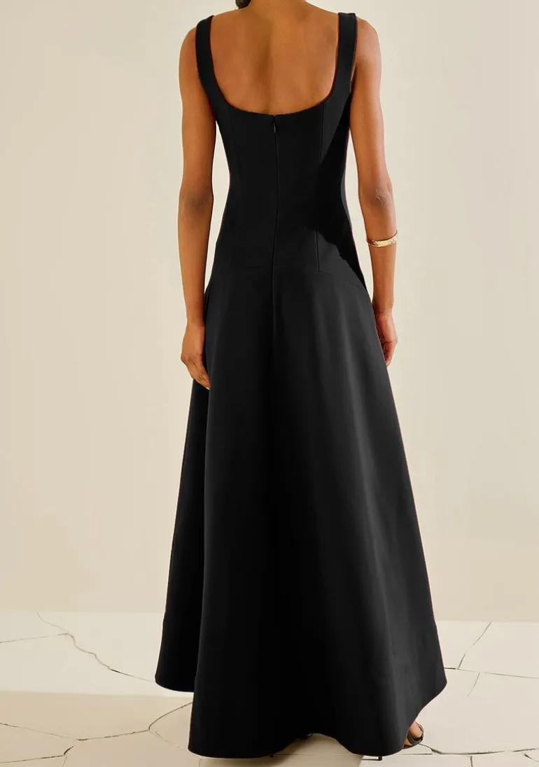 Vestido Ajustado Decote Reto Com Alca Longo Preto