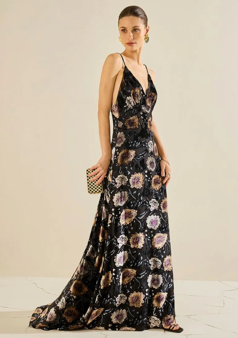Vestido Ajustado Decote V Com Alca Longo Preto