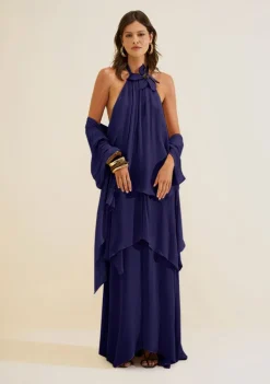 Vestido Gola Alta Aéria Azul