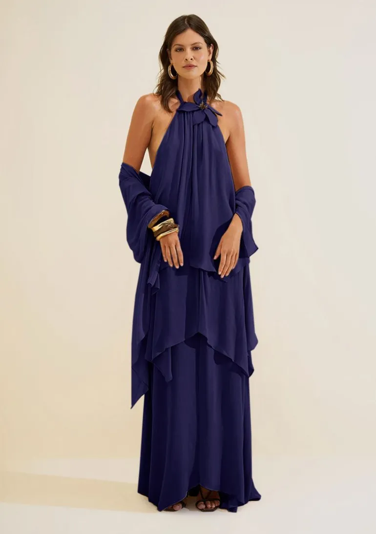 Vestido Gola Alta Aéria Azul