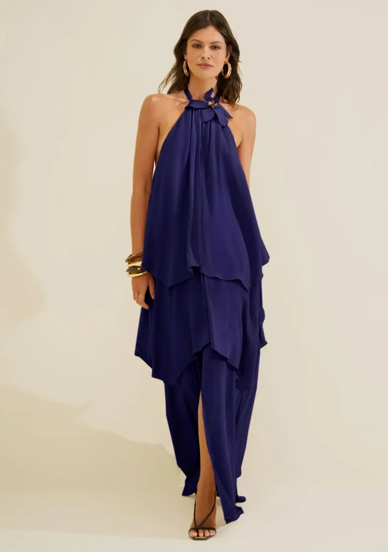 Vestido Gola Alta Aéria Azul
