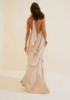Vestido Gola Alta Aéria Bege