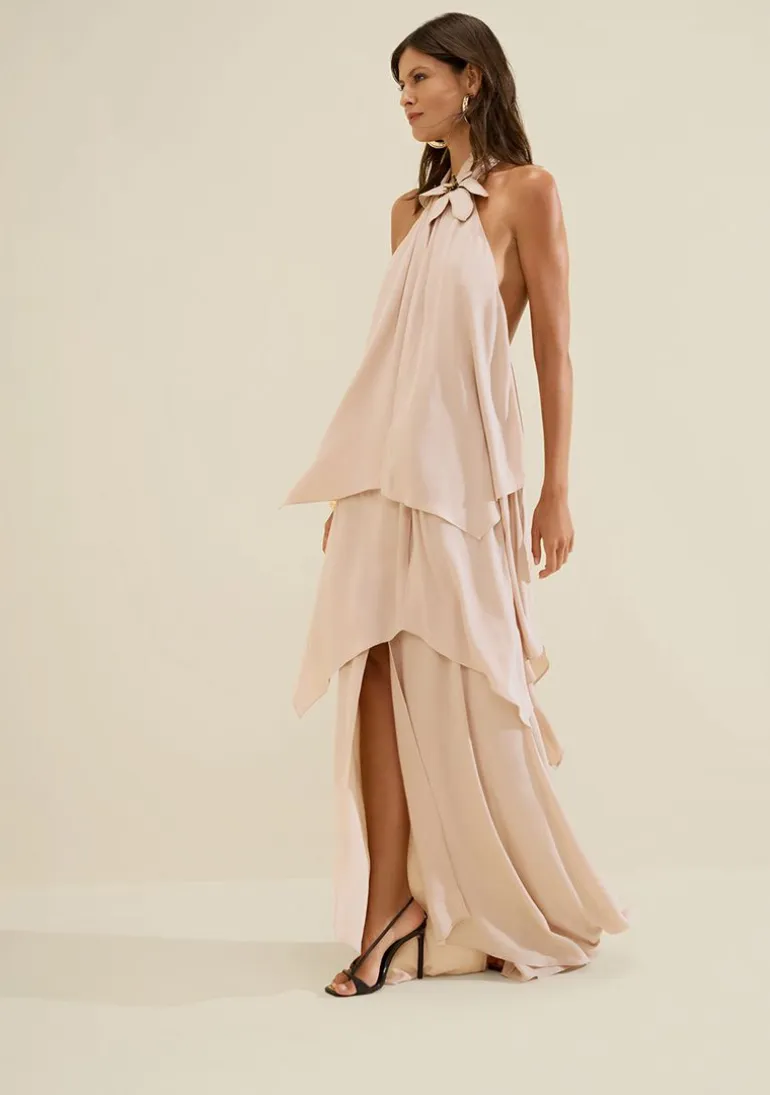 Vestido Gola Alta Aéria Bege
