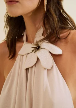 Vestido Gola Alta Aéria Bege
