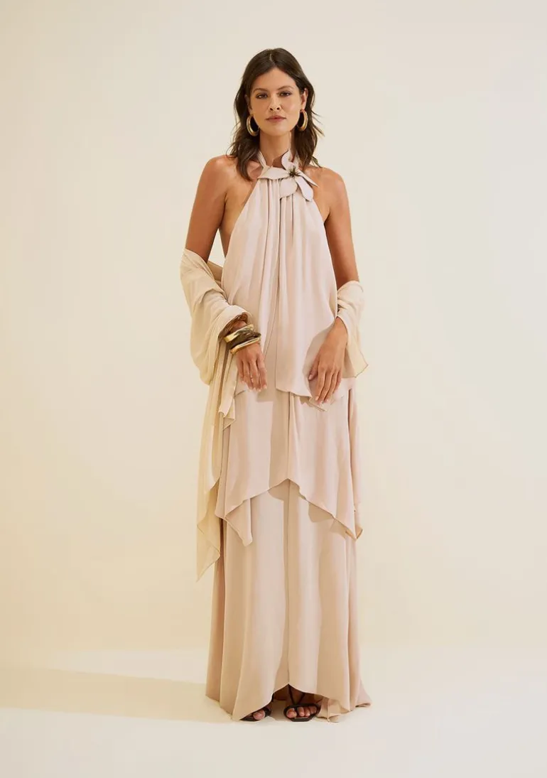 Vestido Gola Alta Aéria Bege
