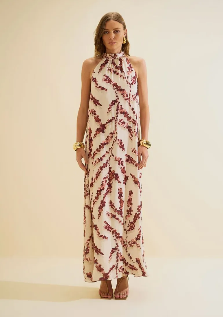 Vestido Gola Alta Flora Bege
