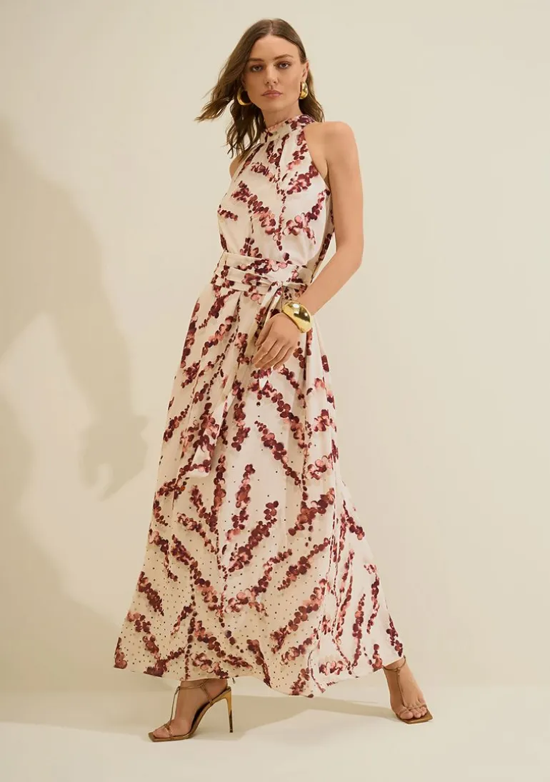 Vestido Gola Alta Flora Bege