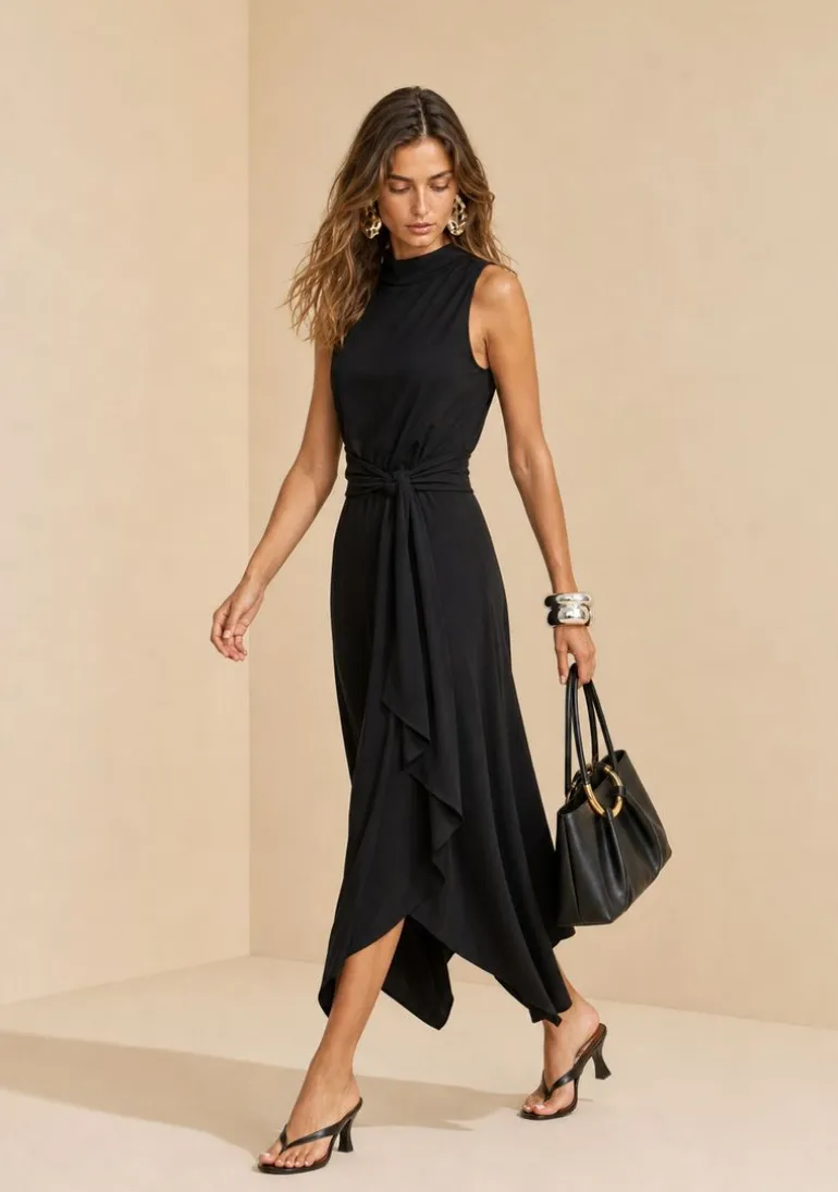 Vestido Gola Alta Midi Sonata Preto