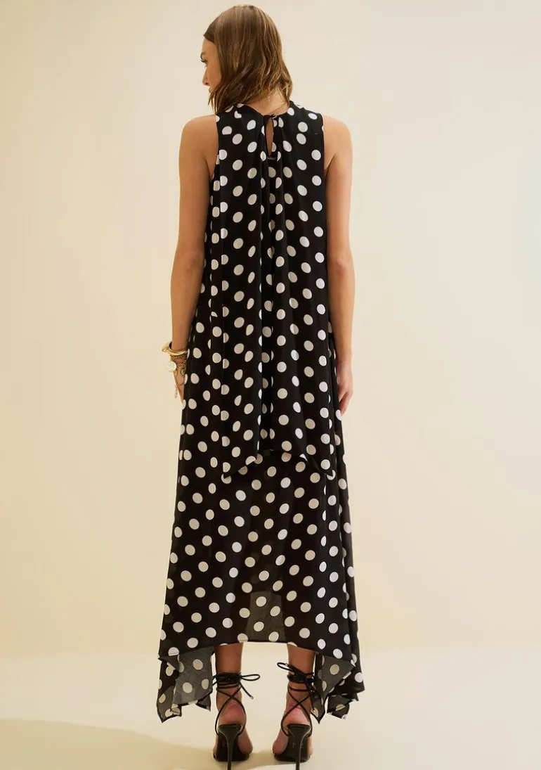 Vestido Gola Alta Midi Sonata Preto/branco