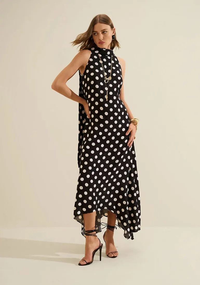 Vestido Gola Alta Midi Sonata Preto/branco