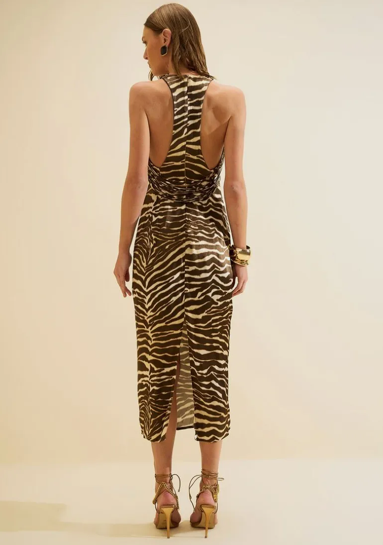 Vestido Gola Alta Miragem Bege