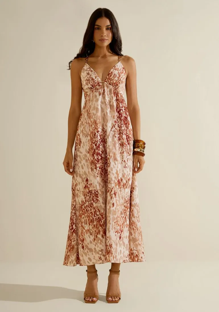 Vestido Longo Vereda Bege/vermelho