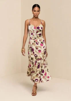 Vestido Midi Decote V Com Cinto Bege