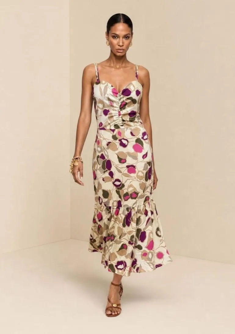 Vestido Midi Decote V Com Cinto Bege