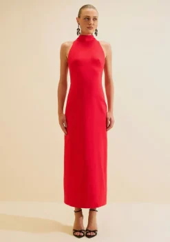 Vestido Midi Gola Alta Carmim Vermelho