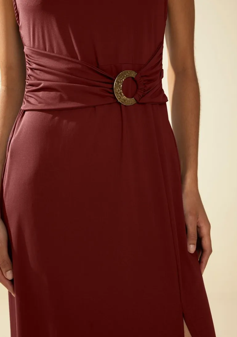 Vestido Morena Rosa Ajustado Decote Careca Sem Manga Midi Bordo