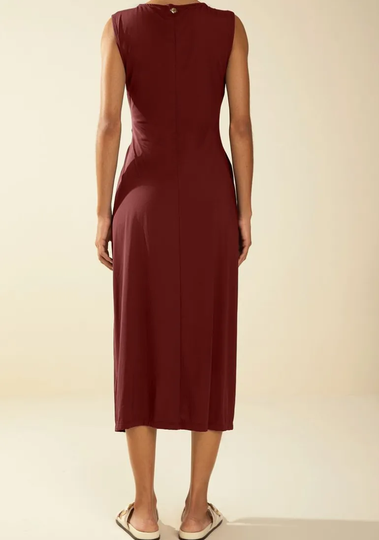 Vestido Morena Rosa Ajustado Decote Careca Sem Manga Midi Bordo