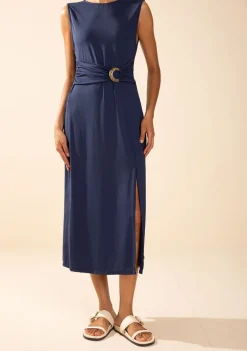 Vestido Morena Rosa Ajustado Decote Careca Sem Manga Midi Azul Escuro