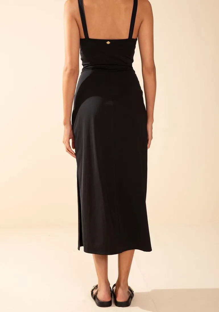 Vestido Morena Rosa Ajustado Decote V Com Alça Midi Preto