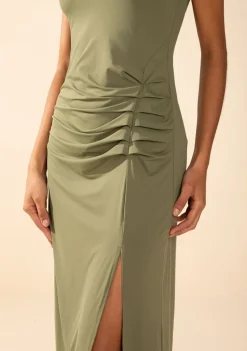 Vestido Morena Rosa Ajustado Decote Careca Sem Manga Midi Verde