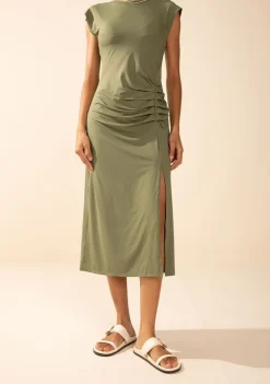 Vestido Morena Rosa Ajustado Decote Careca Sem Manga Midi Verde