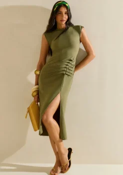 Vestido Morena Rosa Ajustado Decote Careca Sem Manga Midi Verde