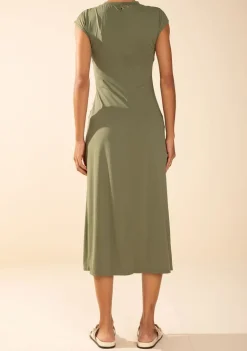 Vestido Morena Rosa Ajustado Decote Careca Sem Manga Midi Verde