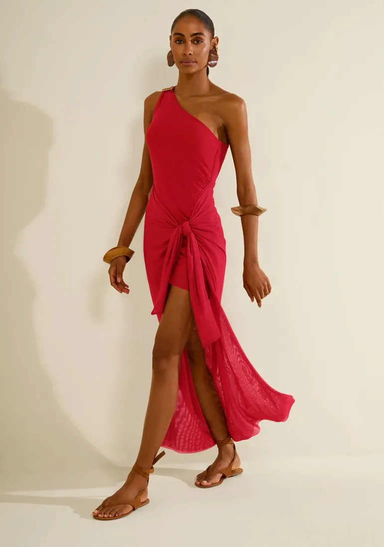 Vestido Morena Rosa Ajustado Um Ombro Só Sem Manga Longo Vermelho