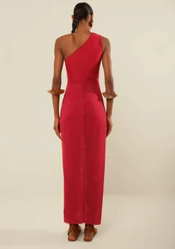 Vestido Morena Rosa Ajustado Um Ombro Só Sem Manga Longo Vermelho