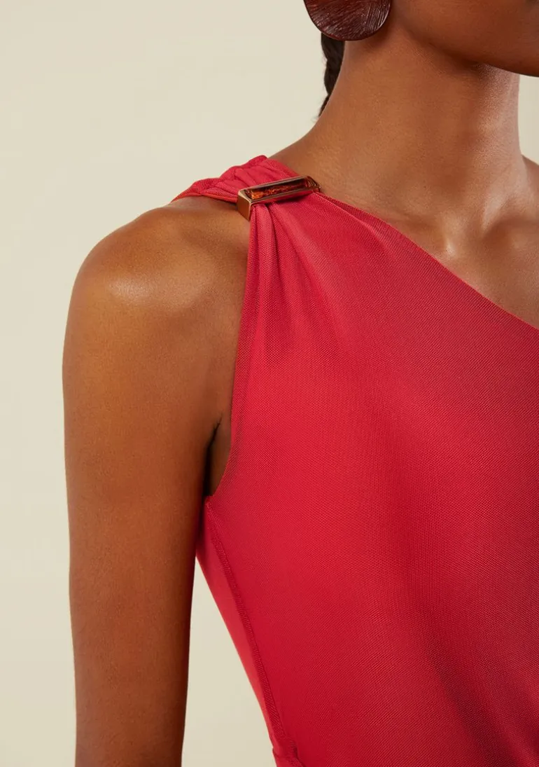 Vestido Morena Rosa Ajustado Um Ombro Só Sem Manga Longo Vermelho