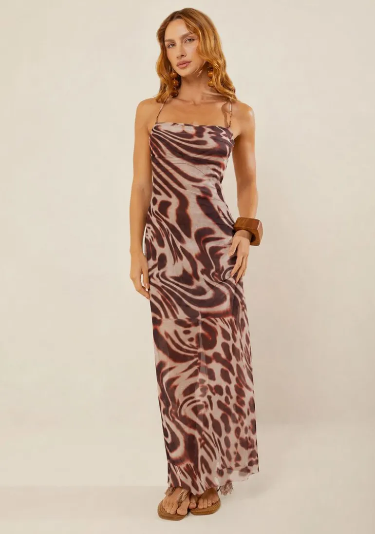 Vestido Morena Rosa Ajustado Decote Costas Sem Manga Longo Bege