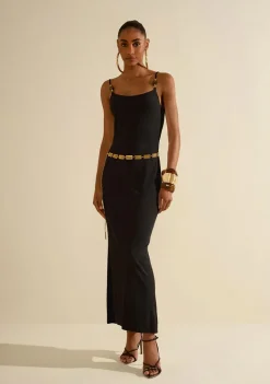 Vestido Morena Rosa Ajustado Decote Reto Com Alça Midi Preto