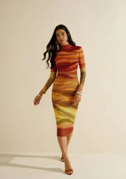 Vestido Morena Rosa Ajustado Gola Alta Manga Longa Midi Vermelho