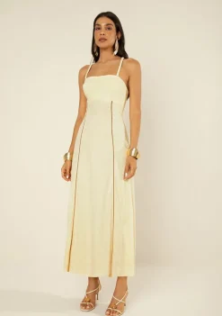 Vestido Morena Rosa Ajustado Decote Reto Sem Manga Midi Amarelo