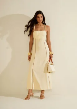 Vestido Morena Rosa Ajustado Decote Reto Sem Manga Midi Amarelo