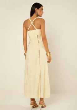 Vestido Morena Rosa Ajustado Decote Reto Sem Manga Midi Amarelo