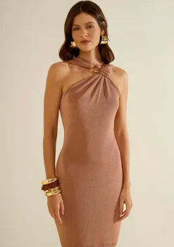 Vestido Morena Rosa Ajustado Cava Francesa Com Alça Curto Marrom