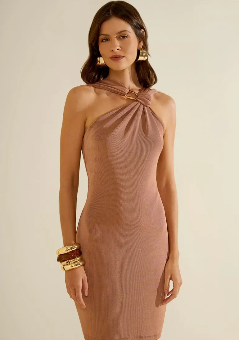 Vestido Morena Rosa Ajustado Cava Francesa Com Alça Curto Marrom