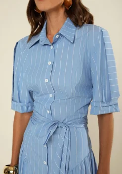 Vestido Morena Rosa Ajustado Gola Clássica Manga Curta Midi Azul Escuro