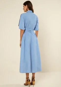 Vestido Morena Rosa Ajustado Gola Clássica Manga Curta Midi Azul Escuro