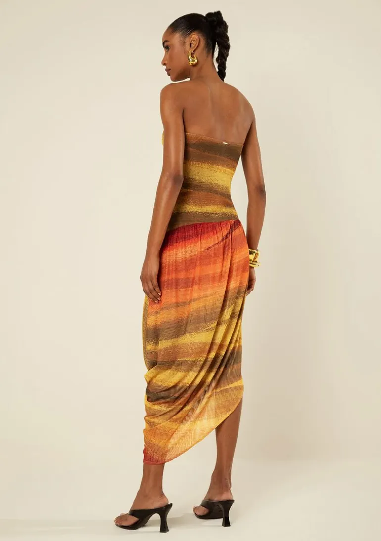Vestido Morena Rosa Ajustado Decote Reto Sem Manga Longo Laranja/Amarelo